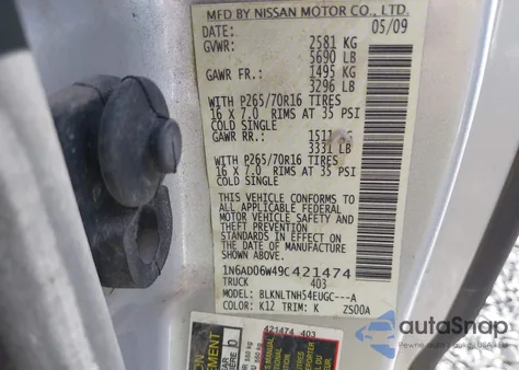 2009 Nissan Frontier Se z USA, uszkodzony, nr VIN 1N6AD06W49C421474